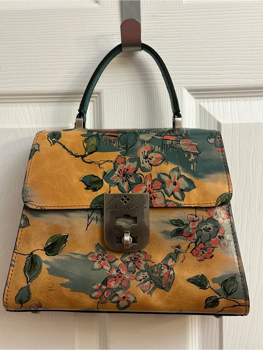 Patricia Nash Floral Top-Handle Satchel in Tan and Green